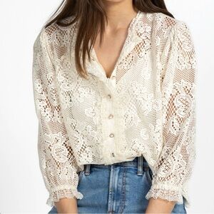 Johnny Was Betty Lace Blouse Cream Button Front Boho NWT $295 Size Large